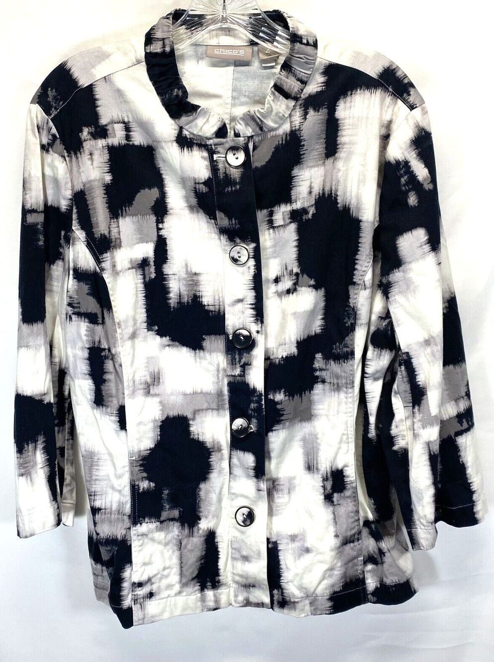 Chicos Womens Stretch Cotton 2 M Button Up Black White 3/4 Sleeve Blazer Jacket